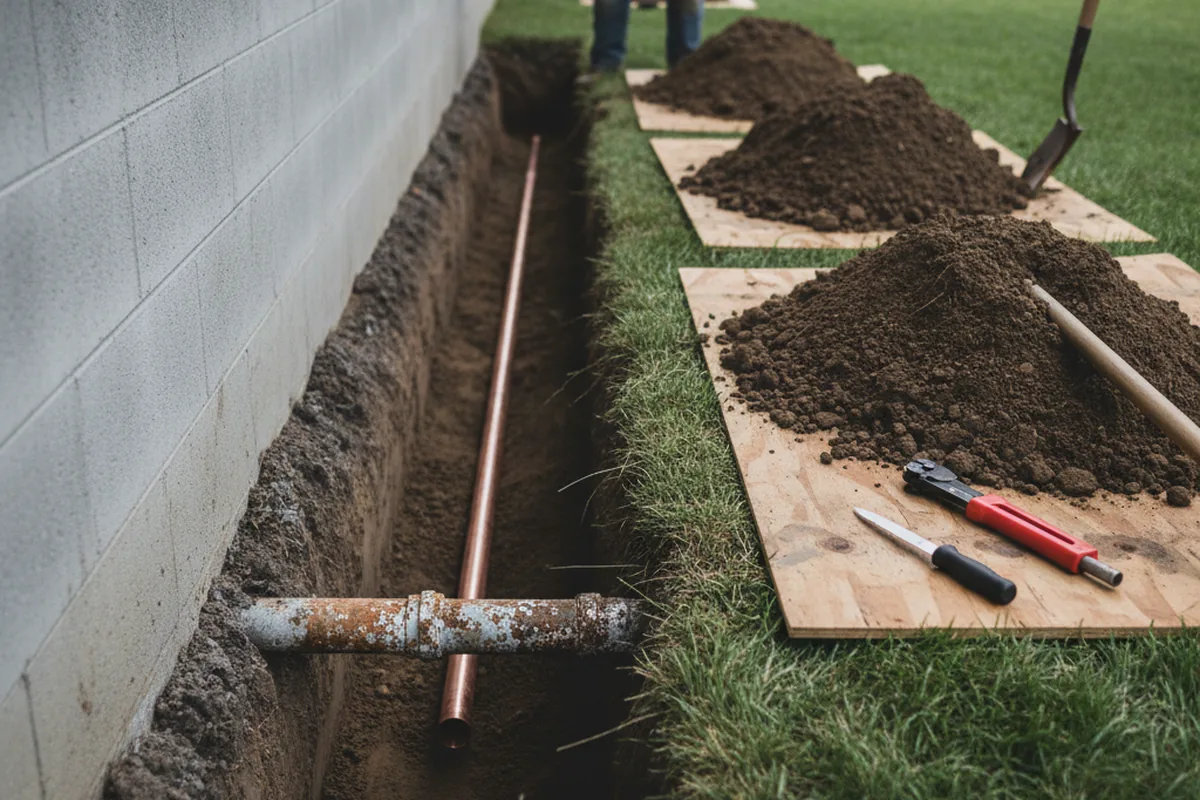 Excavated water line trench during Sewer Line Repair in Stilesville